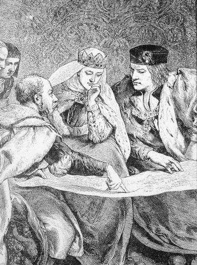 Christopher Columbus Describes His Voyage to the Americas to King Ferdinand II and Queen Isabella by English School